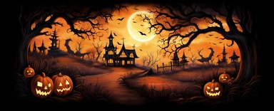 isolated illustration of a fantasy autumn halloween landscape scene, watercolor illustration, high resolution clipart, isolated on black background