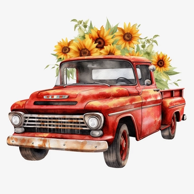watercolor chevrolet red truck with sunflower png clipart