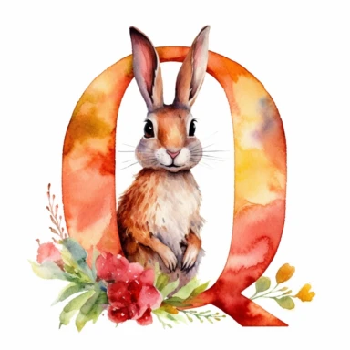 a beautiful one of the kind watercolor clipart featuring a letter Q with a cute bunny, in the style of delicate watercolors, wallpaper, 32k uhd, hand-painted details, oshare kei, wimmelbilder, joyful celebration of nature, close up, isolated on white plain background