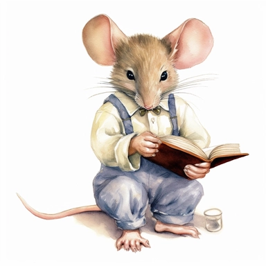 a mouse student reading a book, school uniform, detailed, hd, watercolor, white background, clipart