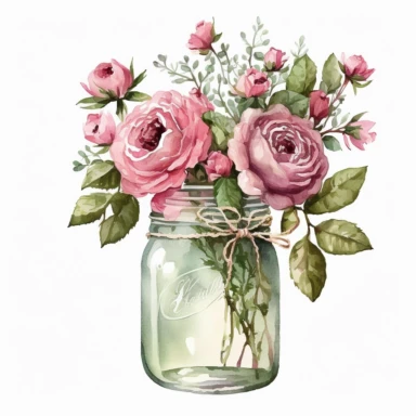 watercolor pink rose Clipart pink rose floral bouquet in the jar, white background, no text