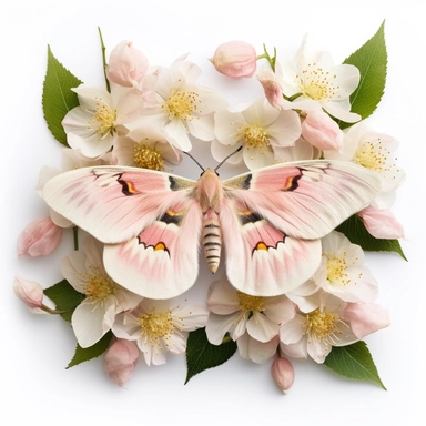 a female Chinese moon moth, surrounded by pink and coral flowers, romantic bloomcore, beautiful beyond belief, photo clipart on solid white background