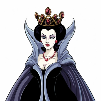 2d partially lined clipart illustration of an evil but beautiful queen, in the style of the 1937 snow white movie, white background