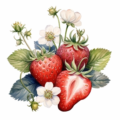 Strawberries watercolor clipart, white background, neutral muted colors, high quality, hyperrealistic, detailed, red, blue, white, picnic
