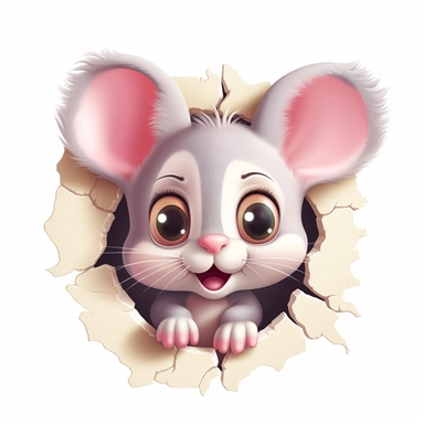 clipart, cute kawaii mouse sticking his head out of a hole in the wall, isolated on a white background, cartoon style, chibi style, vector, 3D, no shadows