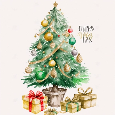 christmas tree with presents clipart, decorated pine tree with christmas golden presents, golden christmas decoration, christmas decor, simple shapes, no lines, no outlines, clipart, featured on dribble, cartoon tree clipart, minimalist, computer vector graphic design clip art, watercolor illustration clipart, watercolour clipart, watercolor illlustration for kids and children, book illustration, print on demand image, PNG tranparent background