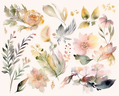 watercolor flower clip art for april, in the style of dreamlike composition, ethereal foliage, luxurious fabrics, pictorial dreams, beige, use of bright colors, poetic pastoral scenes