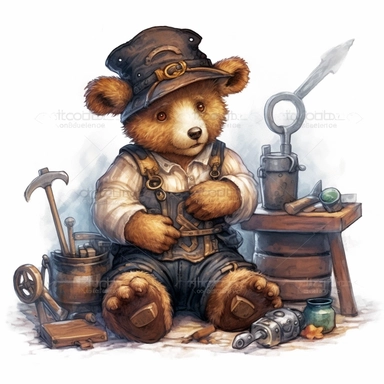 Adorable cute fantasy Teddy bear dressed like a blacksmith, nursery art, clipart image, lineart image, white background, very detailed, 8k