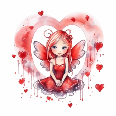 happy valentine fairy, red and silver colors, hearts, thick border lines, watercolor, clip art, spaced out, white background