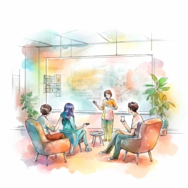 watercolor, people meeting, discussing, planning, and brainstorming on the blackboard, and comfortable armchairs in the open office space. Creative people, and freelancers lined up png Full body realistic cartoon in 32K UHD cute. 15 cm thick outline. Black color. There was no shadow on the ground. 8k with realistic watercolors and detailed illustrations. PNG clipart, transparent white background