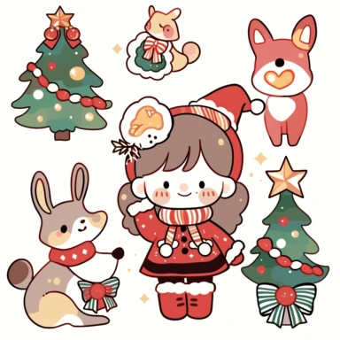 kahles xmas stickers vector collection | ornament vectors clipart stickers, in the style of kawaii manga, simplified line work, animal figurines, lacquer painting, plush doll art, intersecting lines, multi-layered figures, 8k