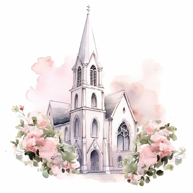 Isolated on a white background, in a feminine style that is populair on Etsy, church decorated with baby pink roses for wedding, high resolution, highly detailed, watercolor clipart illustration, soft pastel color theme, baby pink, 8k UHD isolated image on white background, hyper - realistic high definition