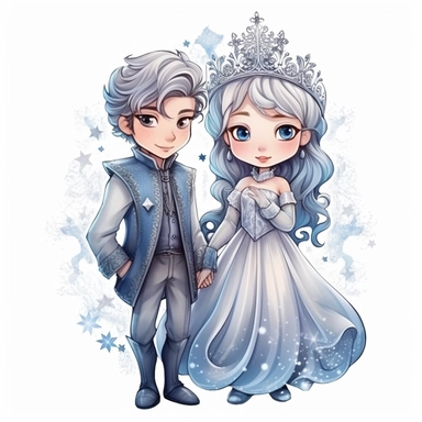 Cute snow Princess and prince Sublimation Clipart,Cartoon,hyper realistic, intricate detail, illustration style,high solution,on the white background