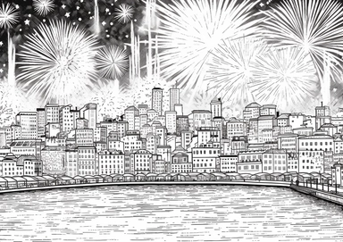 b&w lineart, white background, picture, coloring book style, only draw outlines, clean coloring book page, No dither, no gradient, strong outline, No fill, No solid, tshirt design graphic, Fourth of July, fireworks clipart