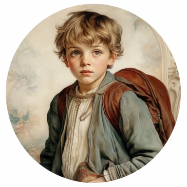 very beautiful boy with schoolbag, vintage, white background, round clipart with pastel color, detailed and lovely Renaissance painting