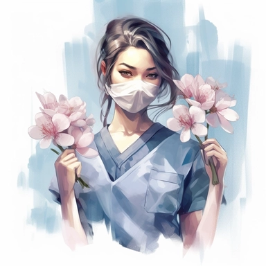 a nurse wearing a surgical mask, with flowers, ink wash background, in the style of realistic watercolor paintings, uhd image, free brushwork, artistic interpretations, in the style of artgerm, 2d game art, quadratura, clipart,