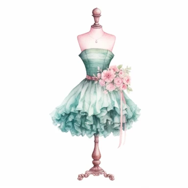 watercolor mannequin with vintage dress, pink and mint, high quality, clipart, white background