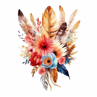 Design an auto sticker that exudes bohemian elegance through a combination of boho feathers and watercolor floral clipart bouquets. Let the graceful feathers and vibrant flowers create a captivating visual dance. Allow this design to reflect the free-spirited and sophisticated nature of the boho aesthetic.