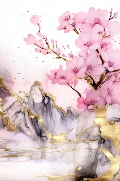 beautiful gorgeous alcohol ink of gold serene nature scene with a central focus on a pink tiger , minimalist style, crystals, glam, glossy, glitter texture, liquid ink clipart, modern and stylish design, bright colors, 300 dpi, clear decoration, clear white background, highly detailed digital art, 8k