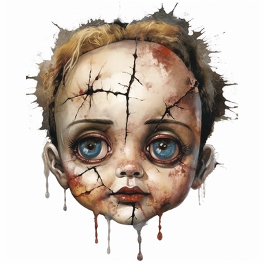 a headshot showing the scary face of a possessed antique doll with cracks, watercolor, ultra high-detail, dark outlines, clipart
