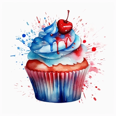 cup cake, bright blue, white, red color, amazing watercolor clipart, ultra realistic, bright color, hd, independents day, patriotic usa