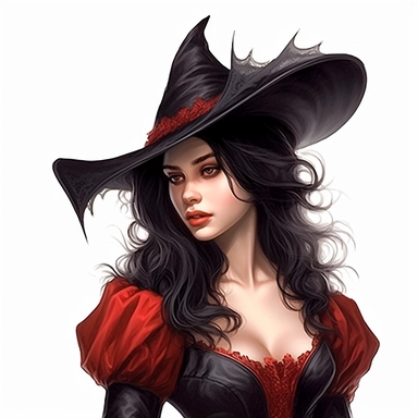 beautiful victorian witch with black hair and freckles wearing a pointed witch hat, looking left, victorian hairstyle, victorian witch hat, Victorian era clothing, beatiful smile, realistic inverted portrait white background, high quality, hyper-realistic, witch Clipart,black and red dress