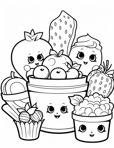 Kawaii Candy with delightful designs and flavors, like blueberry, chocolate chip, and banana For Simple Coloring page,line art, thick lines, black and white,clipart, illustration, on white background,margin Page 10px