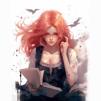 a girl reading a book with red flowing hair, delicate shades of red orange and gold, watercolor clipart, white backound, no backound, glowing,Takehisa Yumeji