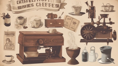A delightful coffee clipart set featuring various elements related to coffee, including a steaming cup of espresso, a vintage coffee grinder, aromatic coffee beans, and a cozy coffee shop sign, Artwork, digital illustration with a retro and vintage style,