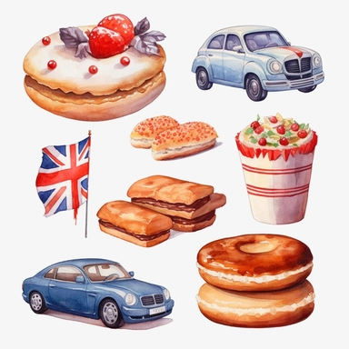 Watercolor style, union jack, cake, cars, coffee, donuts and florals variations, hyper realistic detailed clipart, on a white background