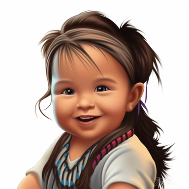 Adorable, cute, native american, long black hair, baby girl, happy, smiling, wearing a satin ribbon in her hair, extreme focus, professional artists rendition, no text, no logo, no name, no letters, Highly Detailed, clip art, white background, smooth edges, flawless Facial Features,