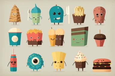 multiple clipart sheet, junk food, rgb in the style of jon klassen, pixar character style