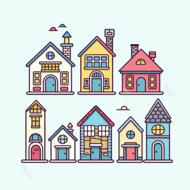 big houses and small houses, clipart style, vector, logo, cute, golden, purple, teal, pink, lite blue, picture book style, children's lesson book, captivating, kid friendly cute character, black and white, coloring book style, cartoon style, vector image, simple, line art style, character, white background