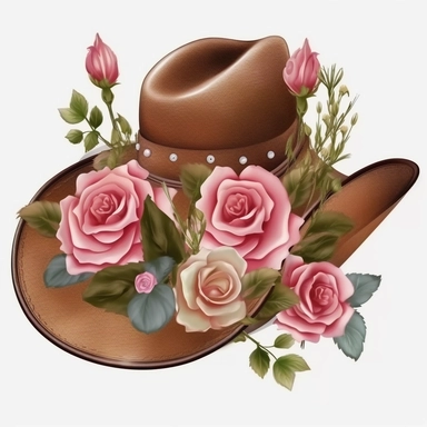 clipart, vector, cowgirl hat with roses on the inside brim only, separate each element, transparent background