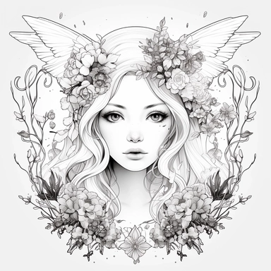 Hyper realism art, shutter speed, Face is focus, Sharp details, simple black and white clip art, Silhouette crisp line coloring page for adults, happy Fantasy Fairy, princess dress, surrounded by flowers and animals, symmetrical head, center of frame, per