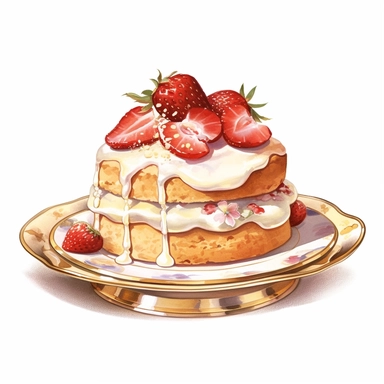 A sumptuous strawberry tea cake on a gold serving tray clipart, white background, watercolor drawing