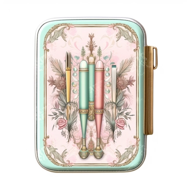 watercolor vintage ornate needle cases, pastel colors pink and mint, high quality, clipart, white background