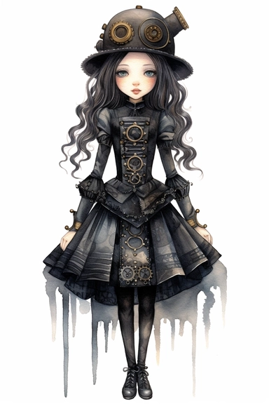 watercolor mixed media goth steampunk girl entire body in goth steampunk graduation dress illustration clipart by holly hobbie