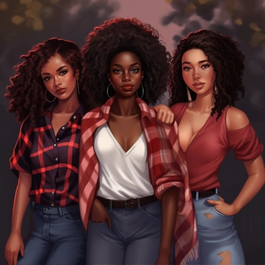 6 gorgeous african american women who are friends who are around 22 years old, preppy style dressed colors of deep red and white, with long curly black hair,digital art, 4k, hyper realastic, finely detailed, clipart, digital art,Use up the entire screen