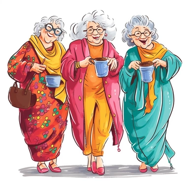 clipart vector illustration line drawing fat ladies in bright colored outfits, old ladies with grey hair, looking happy and smiling, long grey hair, drinking tea, curvy bodies, full body