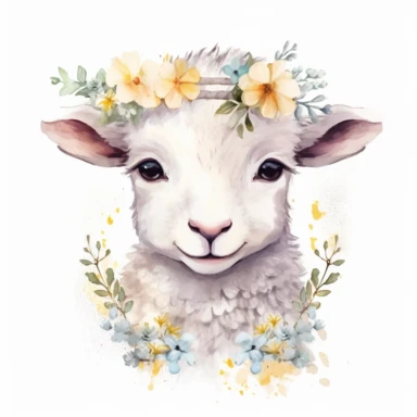 floral cute lamb clipart, original hand drawing, watercolor, understated and flawless for t shirt and cup printing, happy cute smily, transparent background, realistic painting, portrait without writing , style of the artwork, mood of the artwork, vector, contour , white background, 8K quality, ultra detailed , without signature and without meaningless lines, clipart, white background, High Quality, no writting background, no writting, ultra detailed, no symbol, without logo and emblem