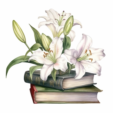 beautiful casablanca lilies on elegant books, detailed realistic watercolor illustration, white background clipart