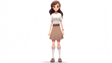 front view of an animated pretty girl standing, wearing shirt and skirt character design, full body, drawing face with maximum quality, 4K, high quality drawing of face, clipart, full illustration, sharp, focus, smooth soft skin, symmetrical, detailed face, concept art, fairy tale style, vey beautiful, 3D, octane rendering, 3D, perfect face, detailed face, perfect sharp lips, delicate face, detailed eyes