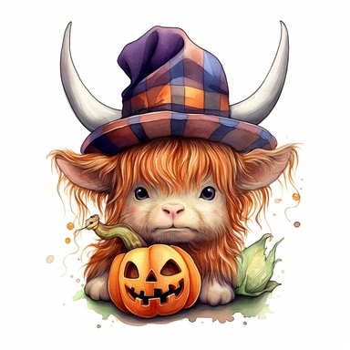 Cute baby Highland Cow in a witch's cap, pumpkins with scary face, hand painting , style by Lucy Fleming, watercolor, smooth gradients, black contour outline, ultra detailed, clipart elements, delicate pastel colors, solid white background, super clear, high quality