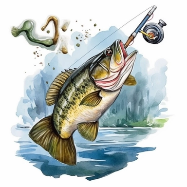 fishing rod And Bass Fish Watercolor Sublimation Clipart,Cartoon,hyper realistic, intricate detail, illustration style,high solution,on the white background