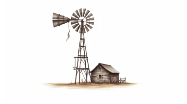 Envision a classic western windmill, standing alone against a stark white background. The windmill is a symbol of the old west, with its wooden structure and spinning blades. The medium is a clipart style, with clean lines and a minimalist aesthetic. The style is reminiscent of vintage western illustrations, with a focus on the iconic silhouette of the windmill. The lighting is neutral, with the white background providing a stark contrast to the dark outline of the windmill. The colors are monoc