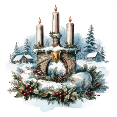 vintage design, advent wreath around, christmas theme oil paining Clipart Collection in beautiful winter landscape, advent wreath around, christmas theme, detailed, isolated, white background, one pattern