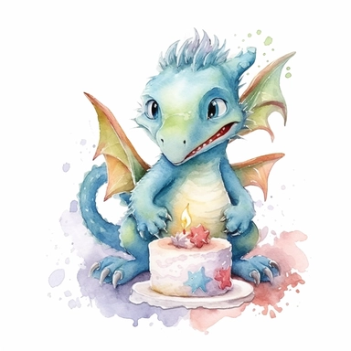 Cute happy Watercolor cake Baby Dragon Clipart, on a white background