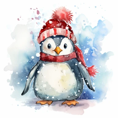A lovable penguin wearing a Santa hat and a big smile, standing on an icy surface, surrounded by snowflakes and a snowy backdrop, ornamental watercolor clipart
