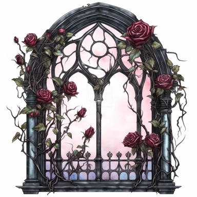 Gothic window with perfect roses and vines Clipart - Dark fantasy Watercolor skizze, baroque era, close up, white background, watercolor, hyperrealism, high detail, isolated elements